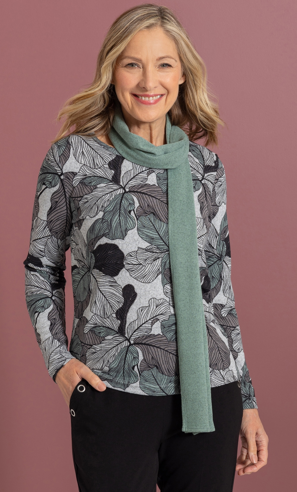 Brands - Anna Rose Anna Rose Leaf Print Knit Top With Scarf Grey Marl/Green Women’s