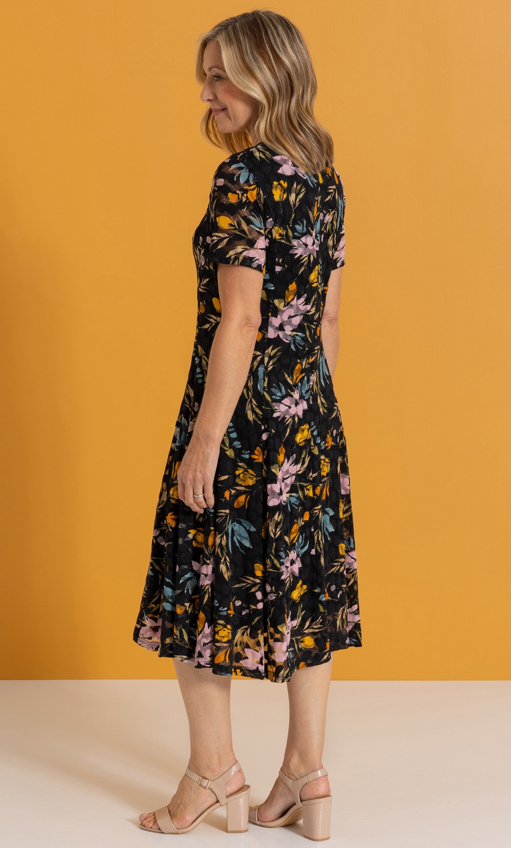 Anna Rose Floral Print Mesh Lace Panelled Dress in Black | Klass