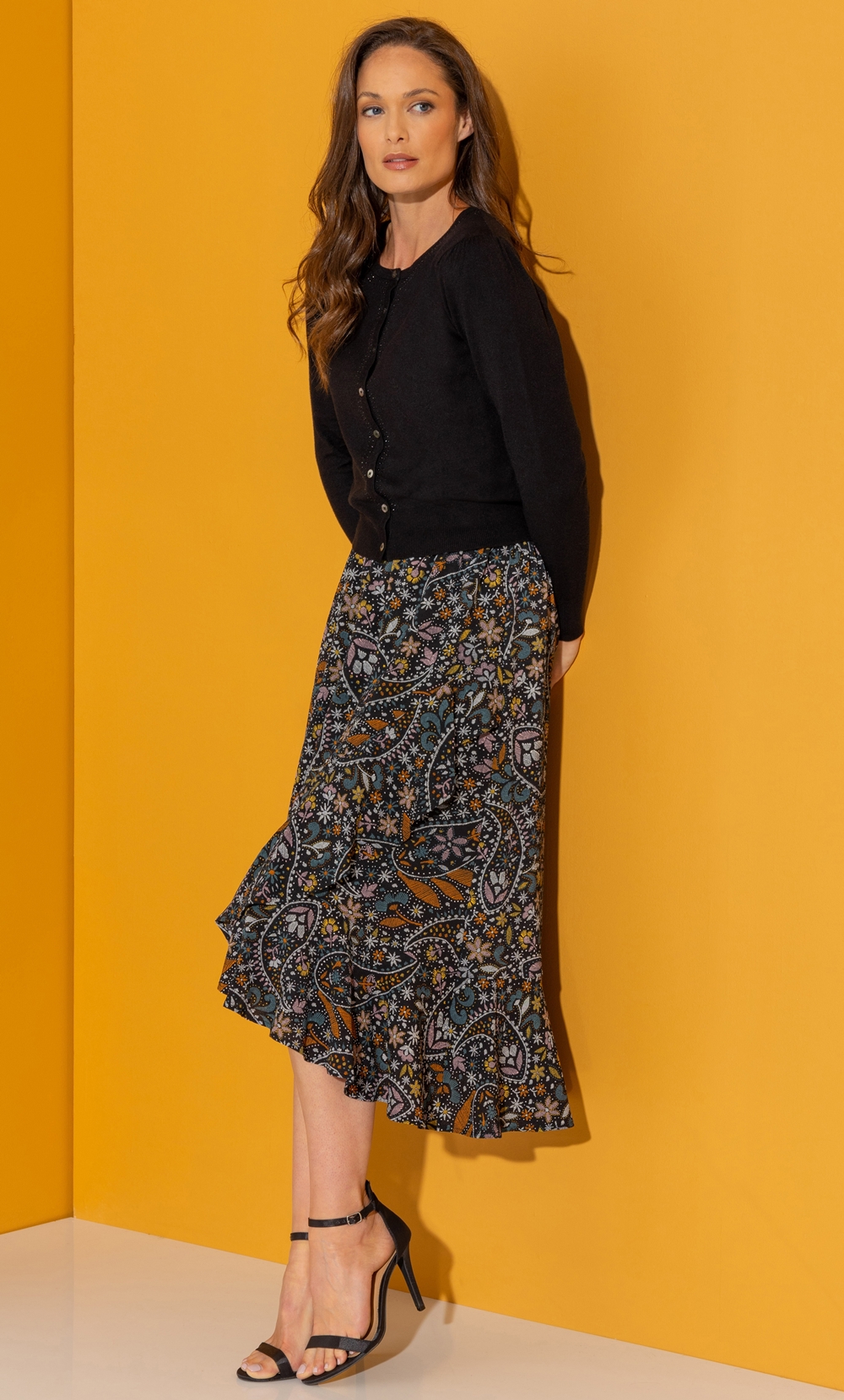 Brands - Klass Paisley Print Textured Midi Skirt Black/Multi Women’s