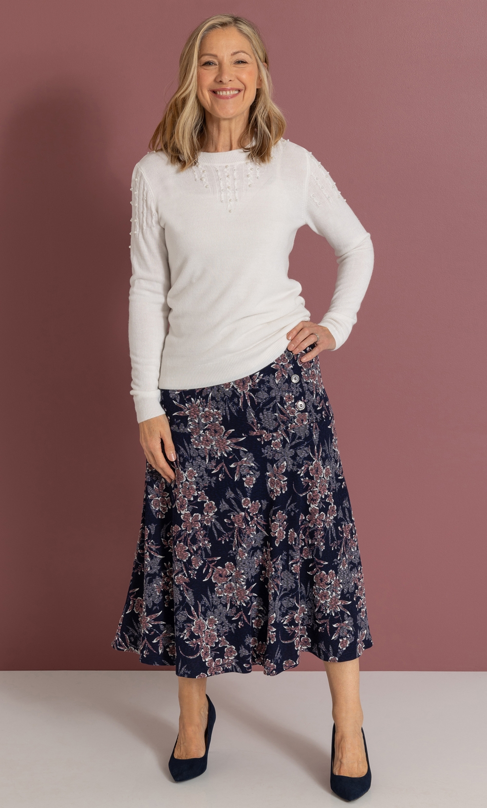 Brands - Anna Rose Anna Rose Floral Print Pull On Midi Skirt Navy/Multi Women’s