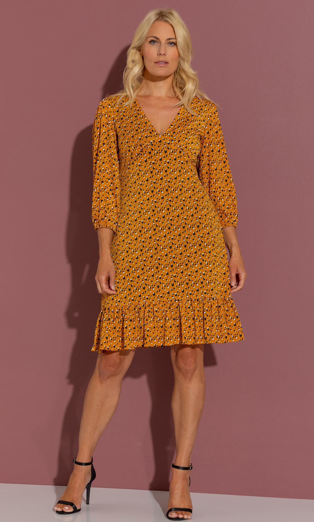 Brands - Klass Printed Frill Hem Dress Mustard Women’s