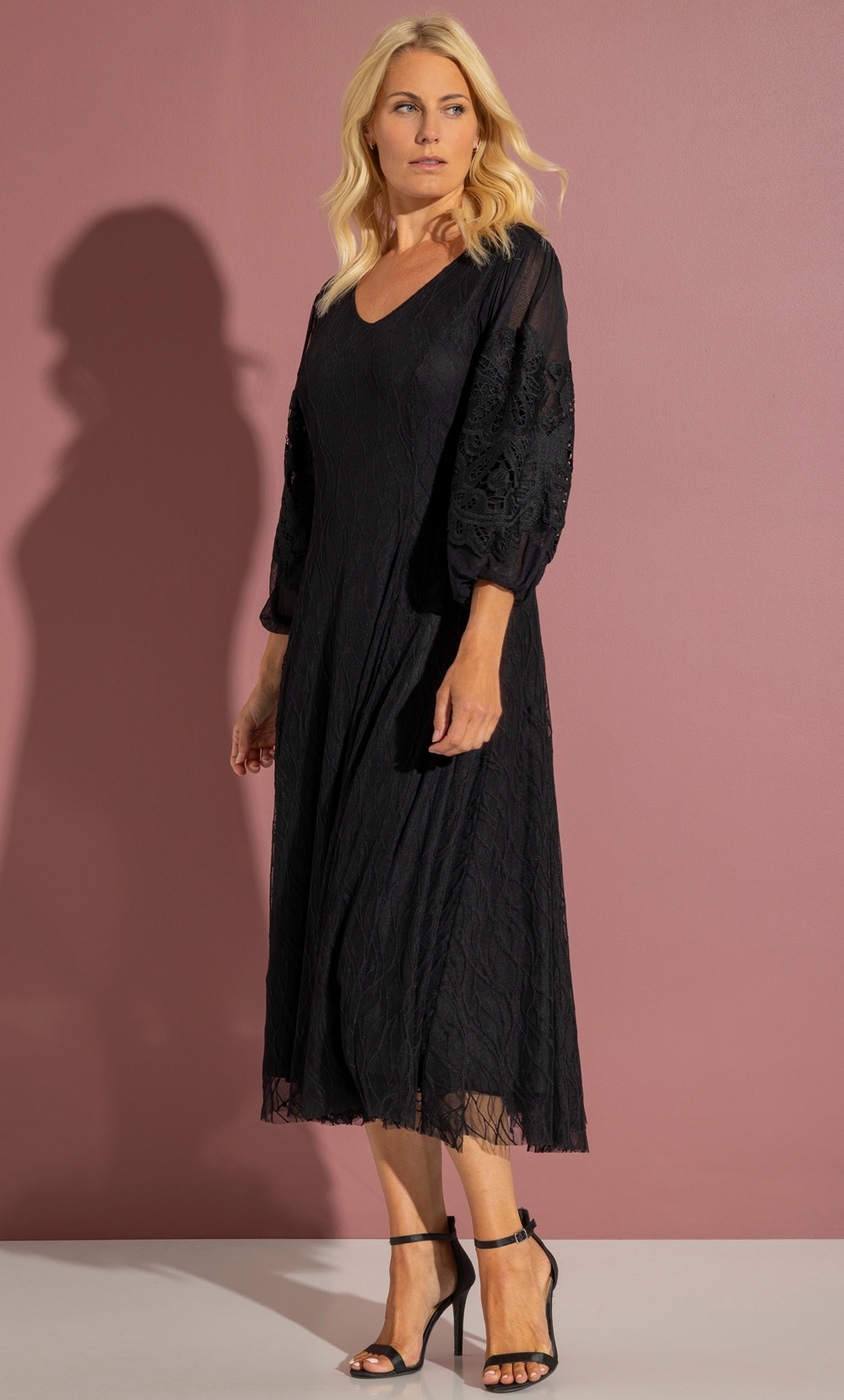 Brands - Klass Puff Sleeve Mesh Lace Midi Dress Black Women’s