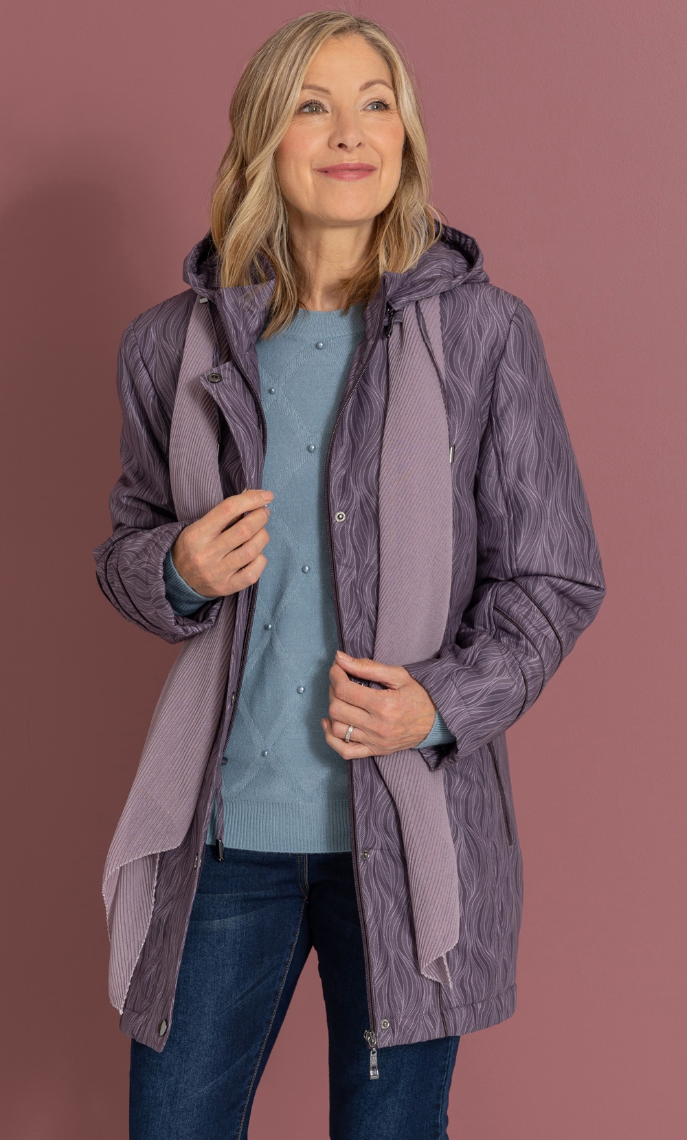 Brands - Anna Rose Anna Rose Wave Print Parka Coat With Scarf Grape Women’s