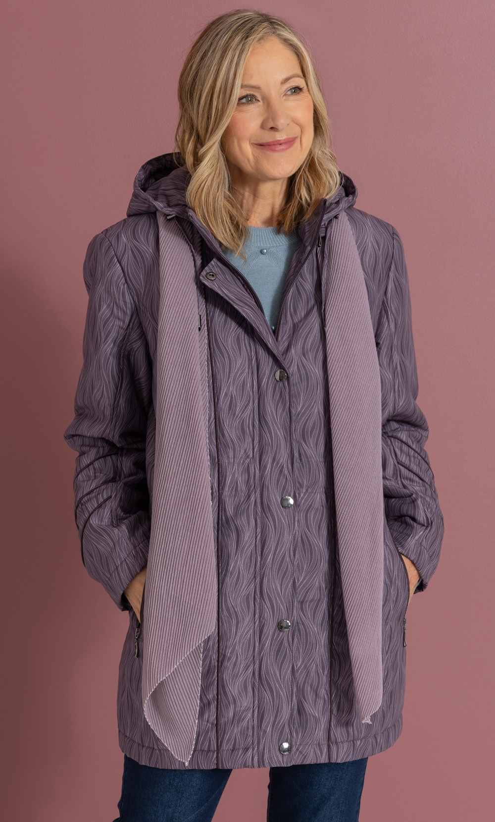 Anna Rose Wave Print Parka Coat With Scarf