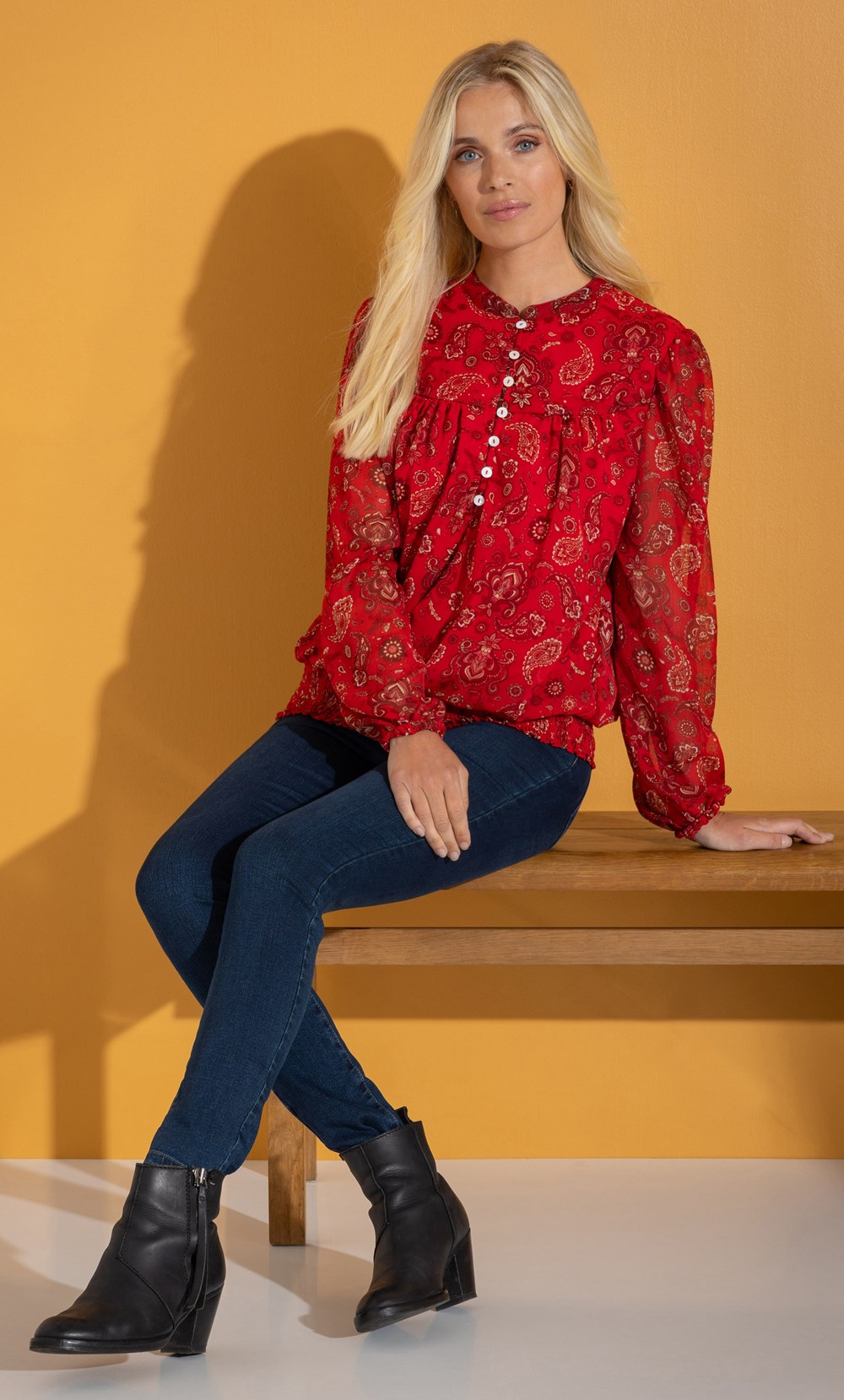 Long Sleeve Paisley Print Chiffon Blouse