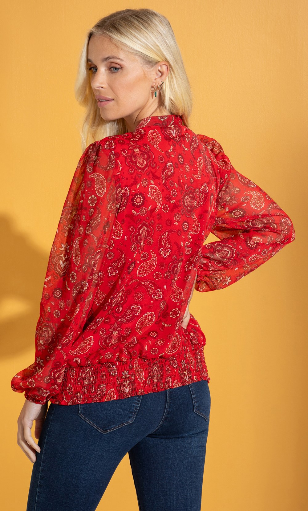 Long Sleeve Paisley Print Chiffon Blouse