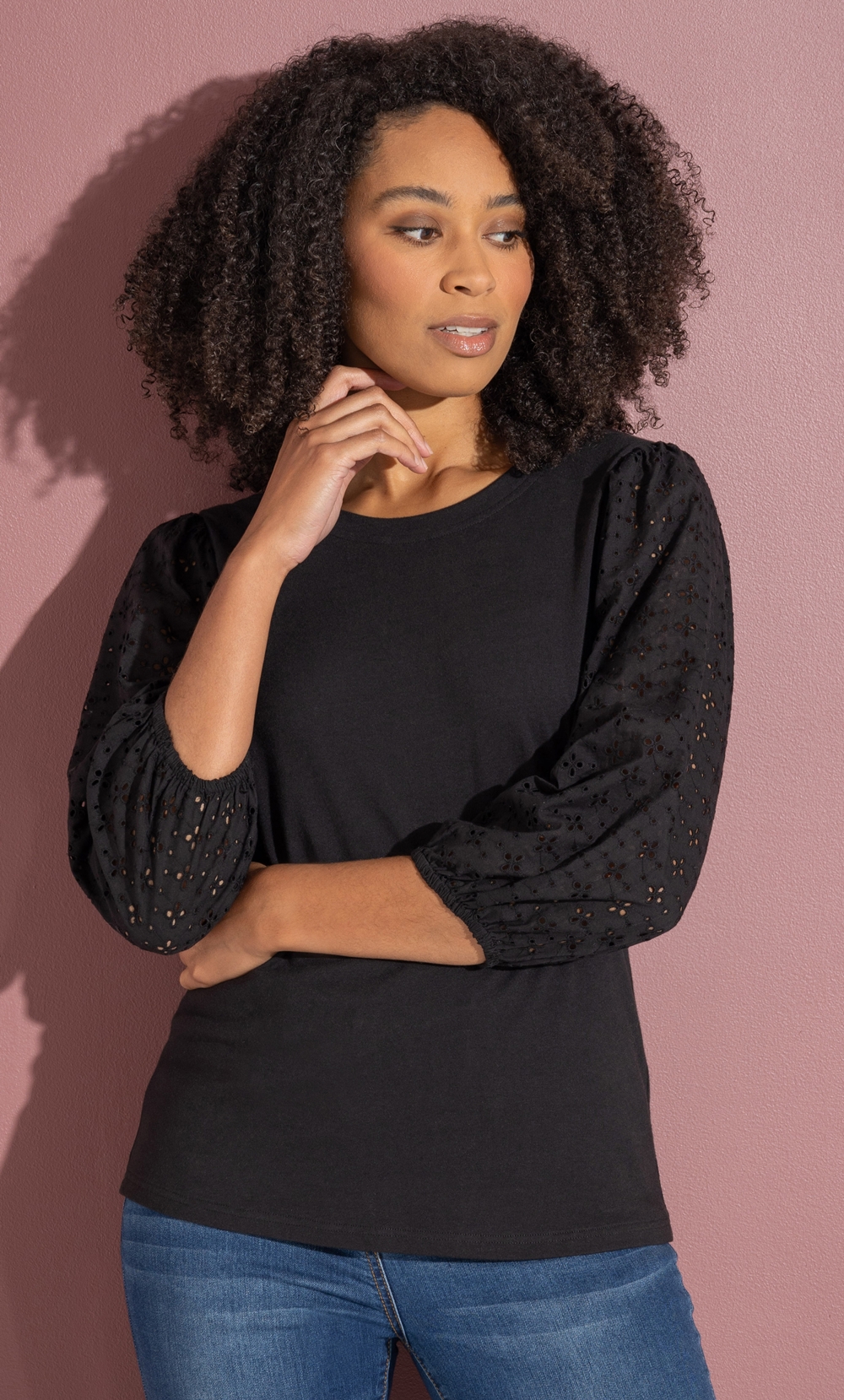 Brands - Klass Broderie Anglaise Blouson Sleeve Top Black Women’s