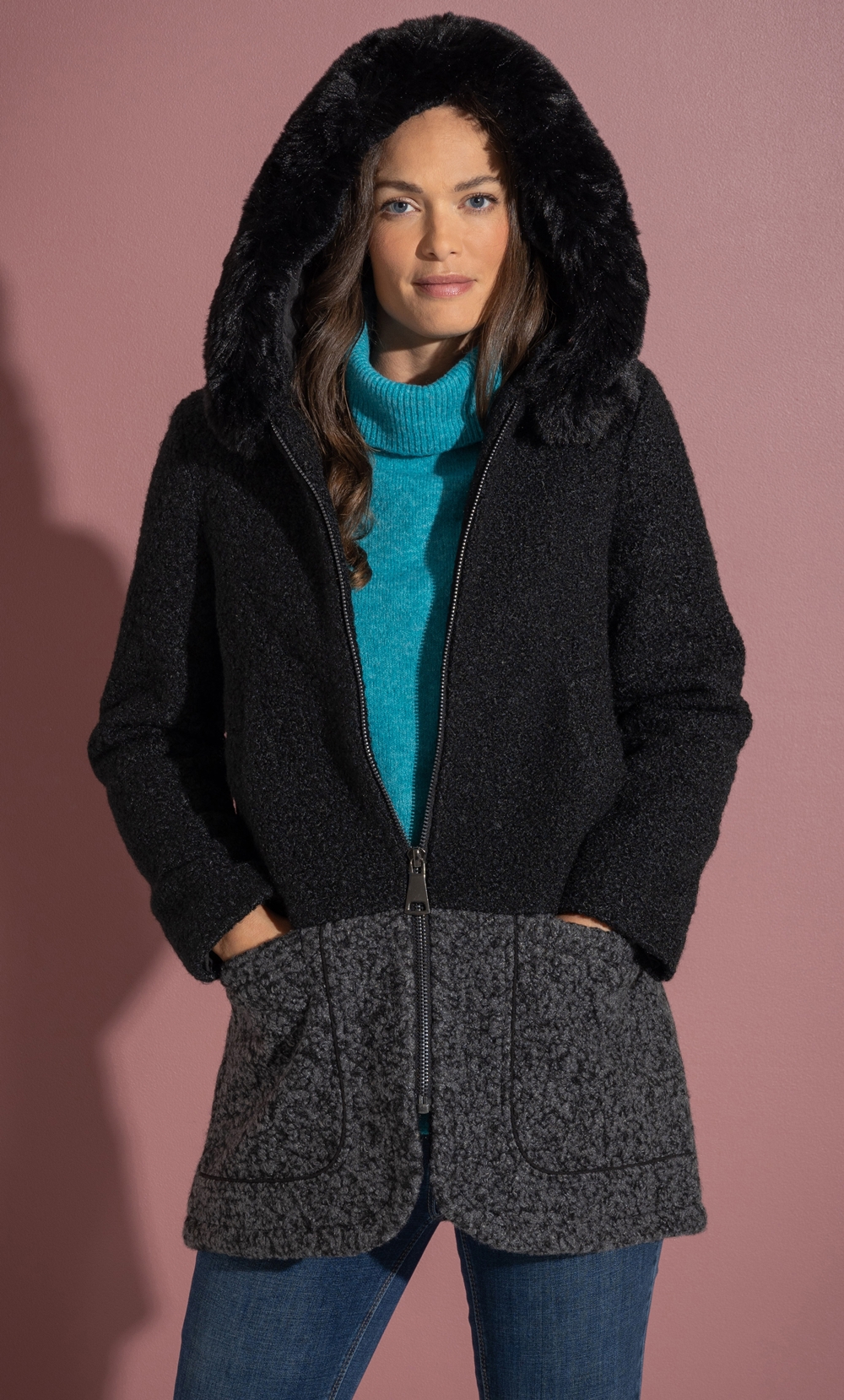 Faux Fur Trim Hooded Boucle Coat