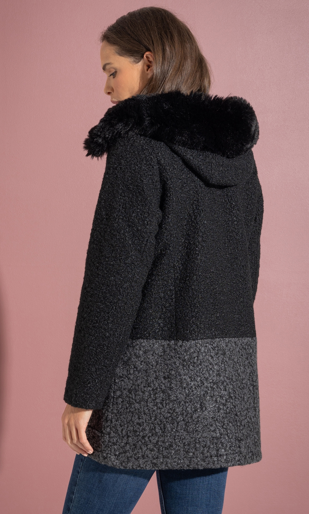 Faux Fur Trim Hooded Boucle Coat