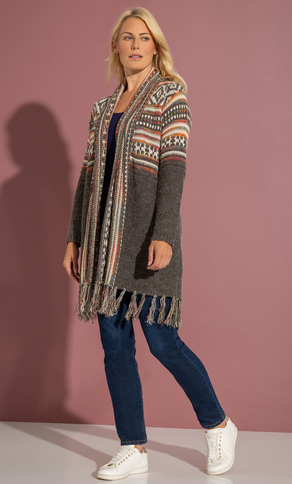 Nordic Print Open Front Tassel Cardigan