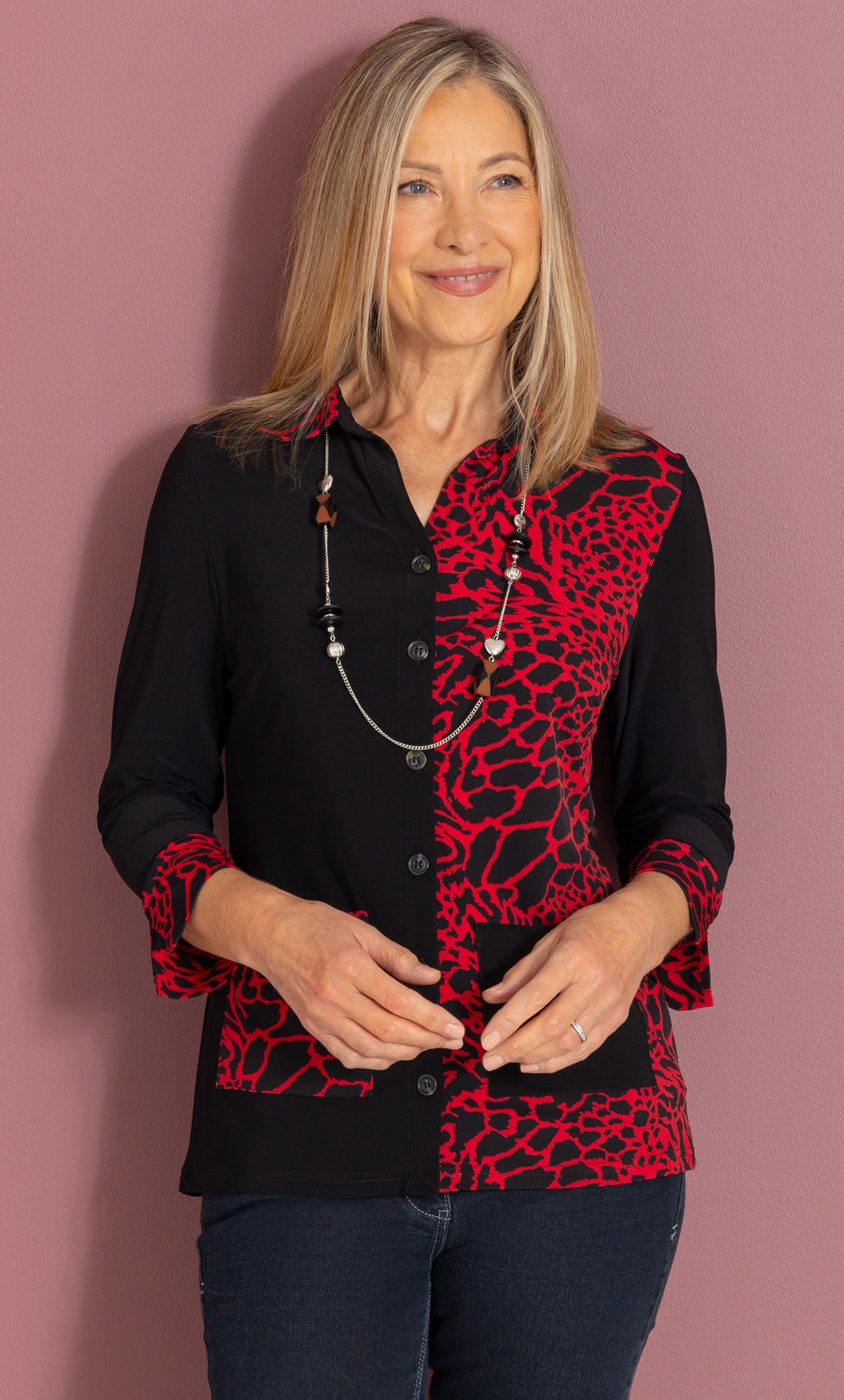 Brands - Anna Rose Anna Rose Patchwork Blouse With Necklace Red/Black Women’s