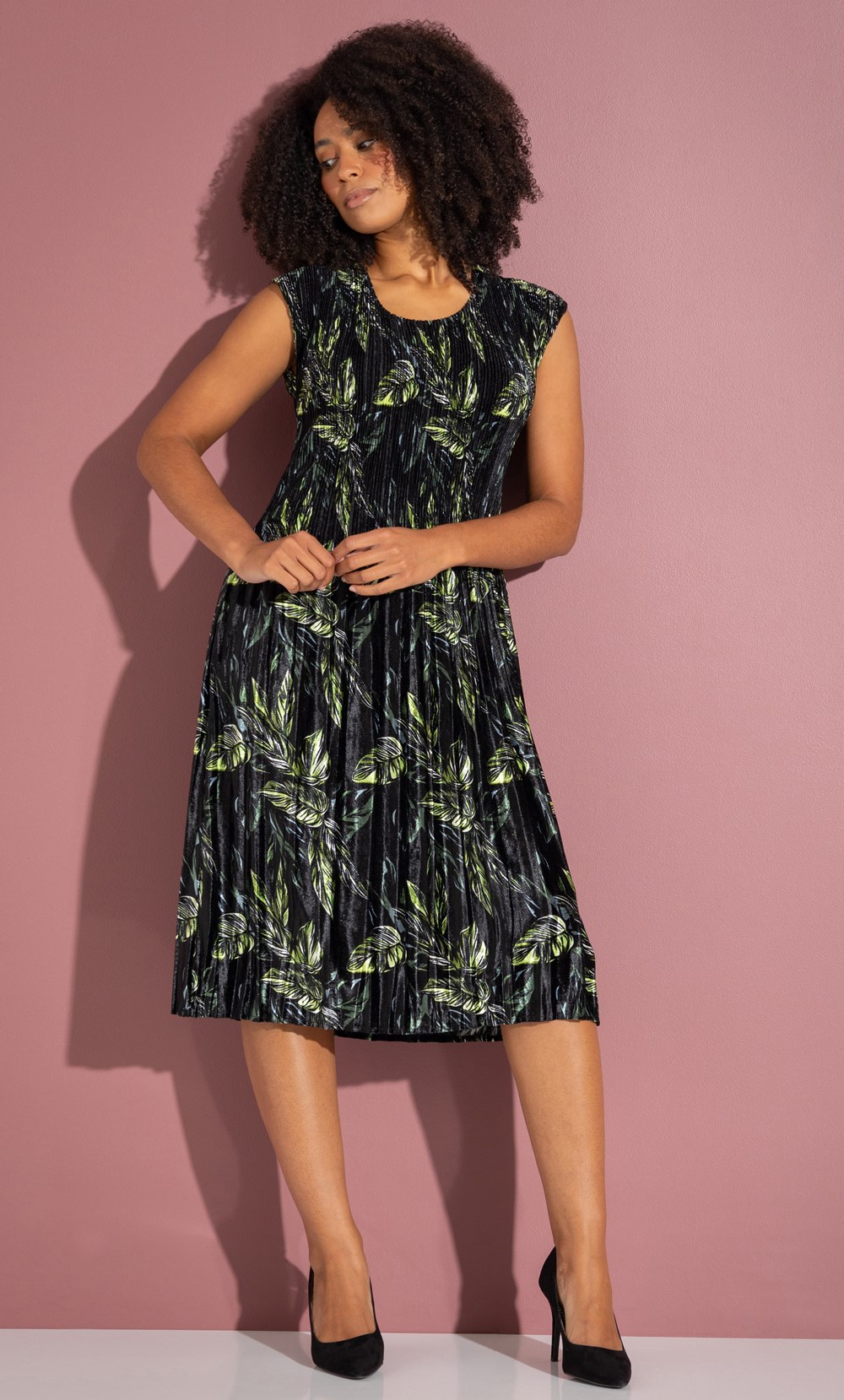 Velour Botanical Print Pleated Dress