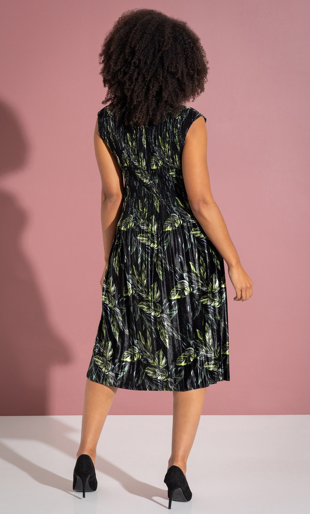 Velour Botanical Print Pleated Dress