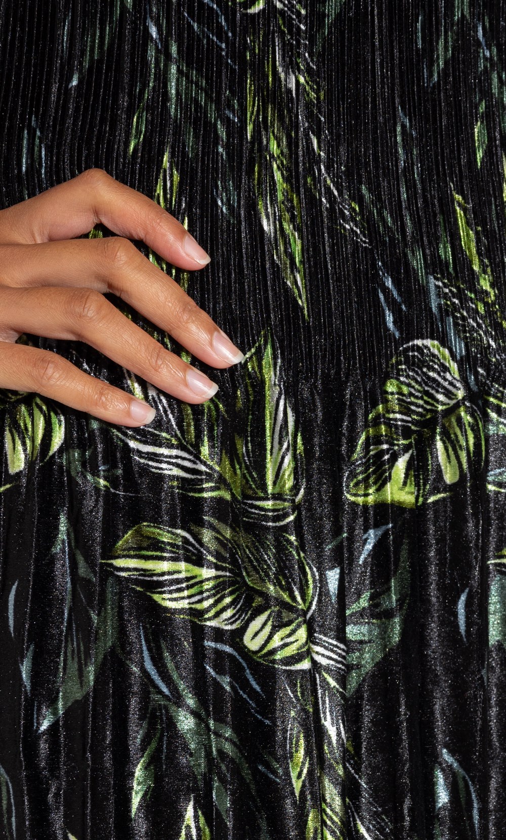 Velour Botanical Print Pleated Dress