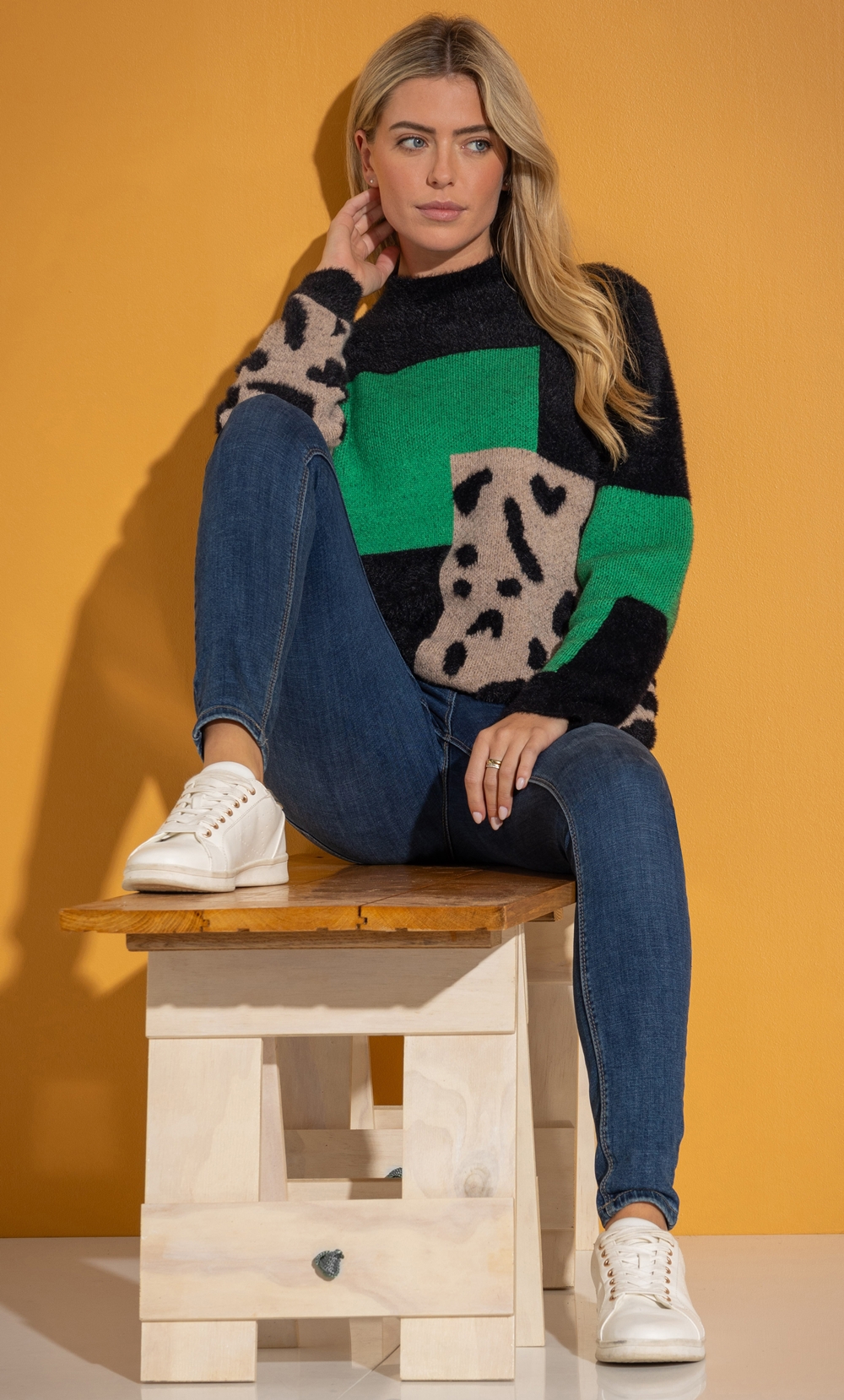 Animal And Colour Block  Knitted Top