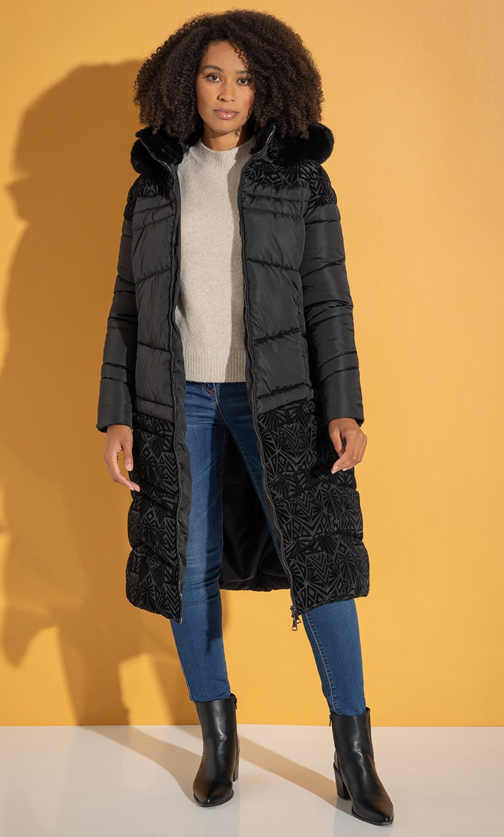 Brands - Klass Flocked Faux Fur Trim Padded Longline Coat Black Women’s
