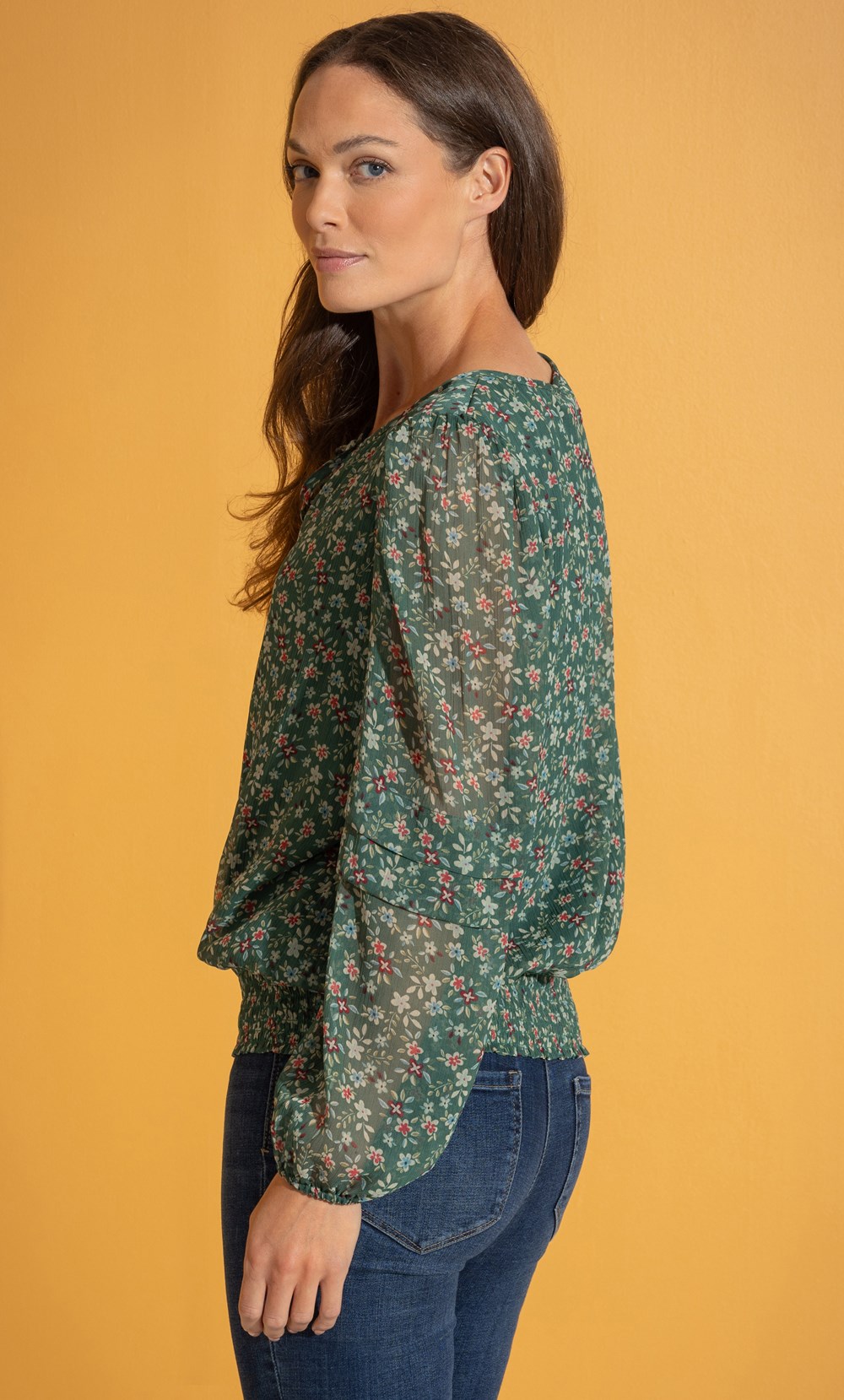 Smocked Hem Floral Print Georgette Top