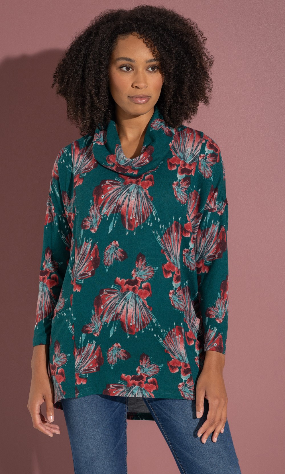 Brands - Klass Floral Print Oversized Brushed  Knitted Tunic Top Green/Red Women’s