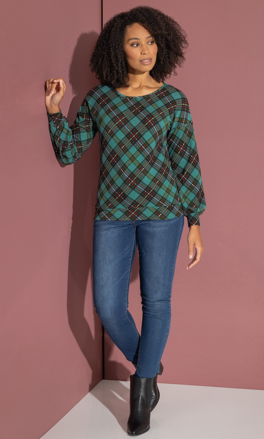 Checked Blouson Sleeve Top