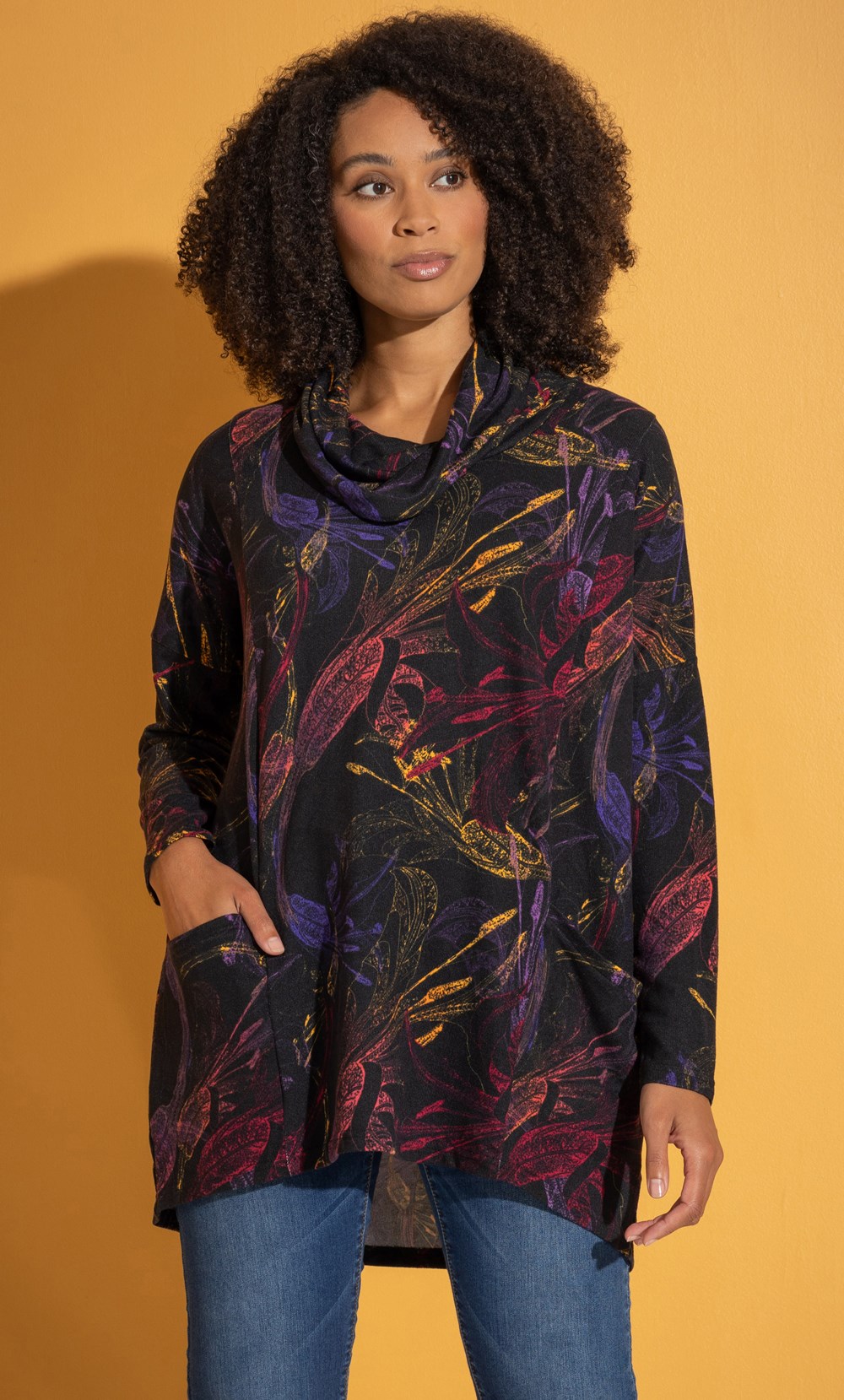 Oversized Floral Print Brushed  Knitted Tunic Top