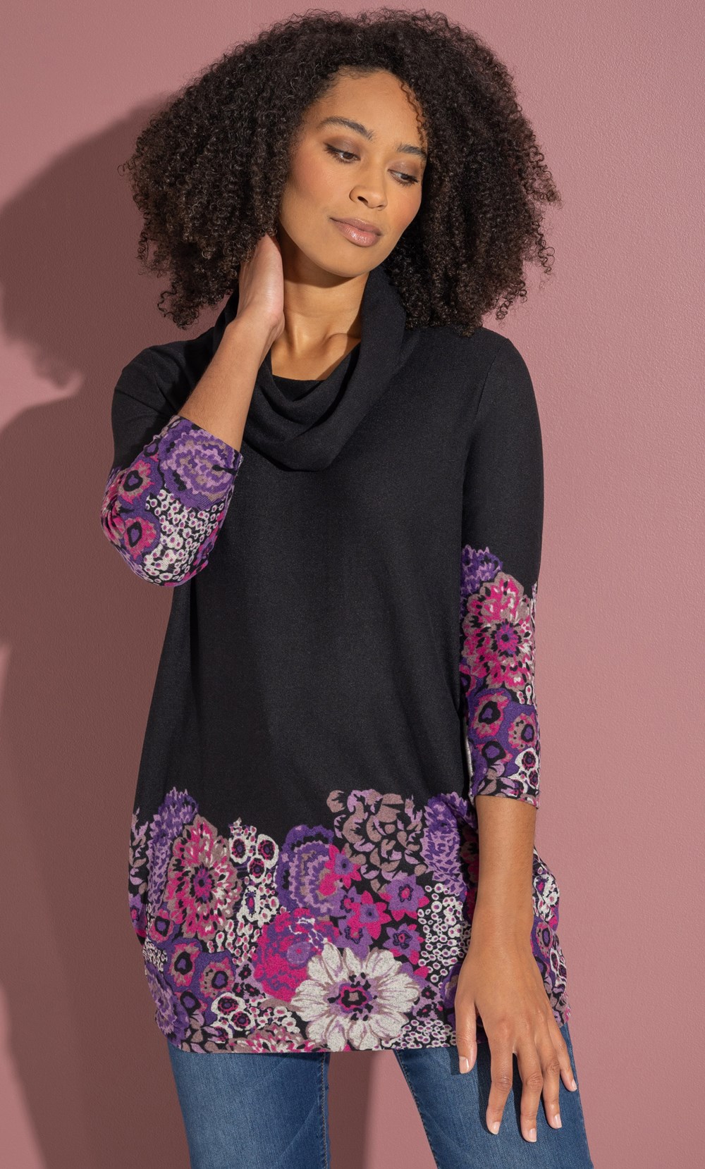 Brands - Klass Cowl Neck Printed Brushed Knitted Top Black/Purple Women’s
