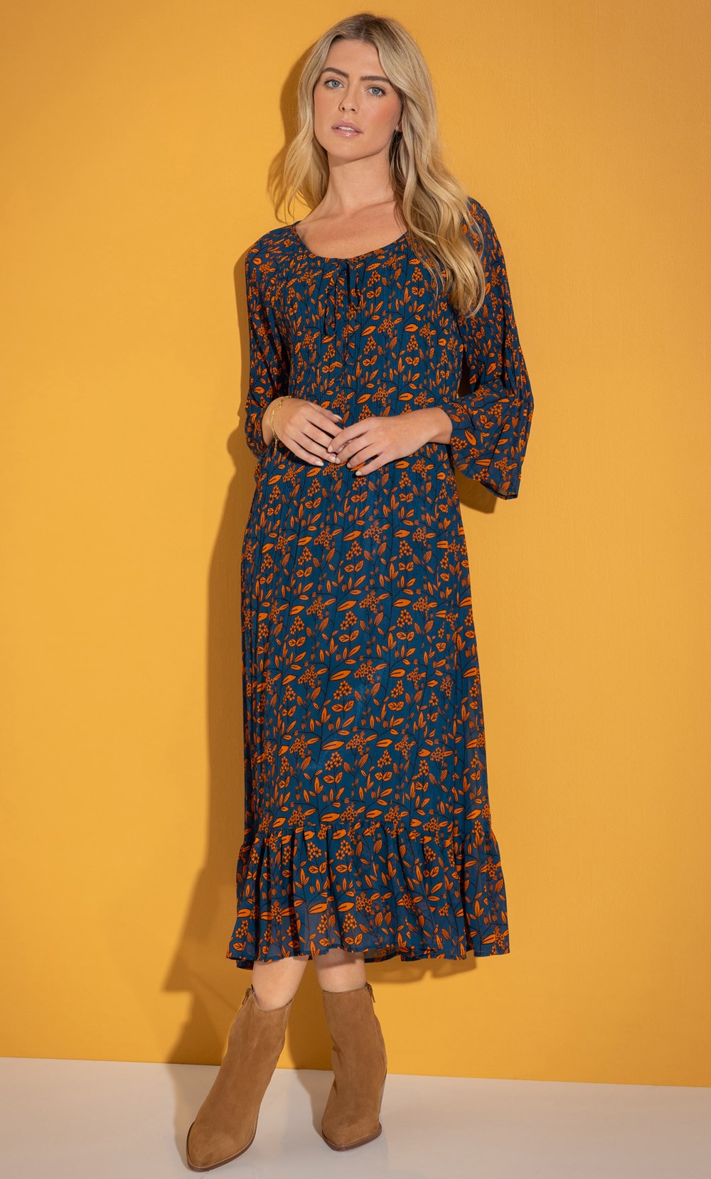 Brands - Klass Floral Print Pleated Midaxi Dress Teal/Orange Women’s