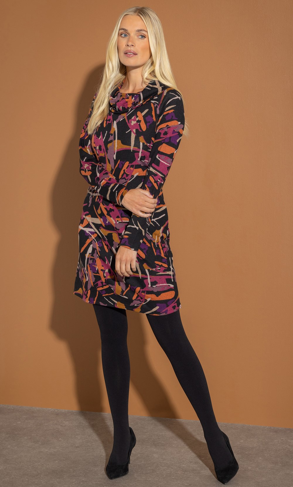 Printed Cowl Neck Knitted Tunic Dress