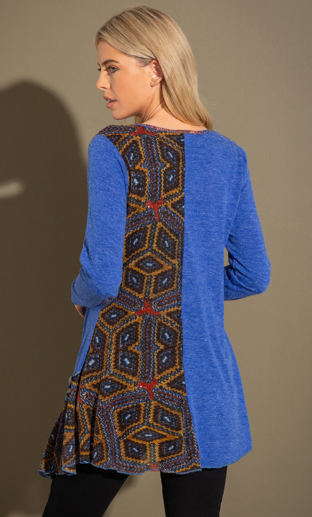 Panelled Print Knitted Tunic Top in Multi | Klass