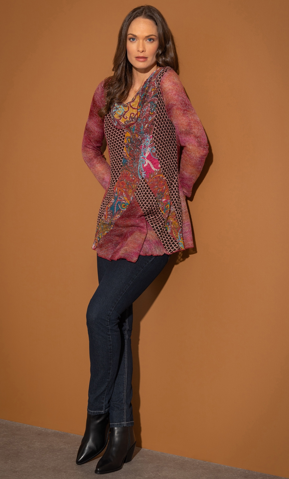 Panelled Print Long Sleeve Tunic Top in Red