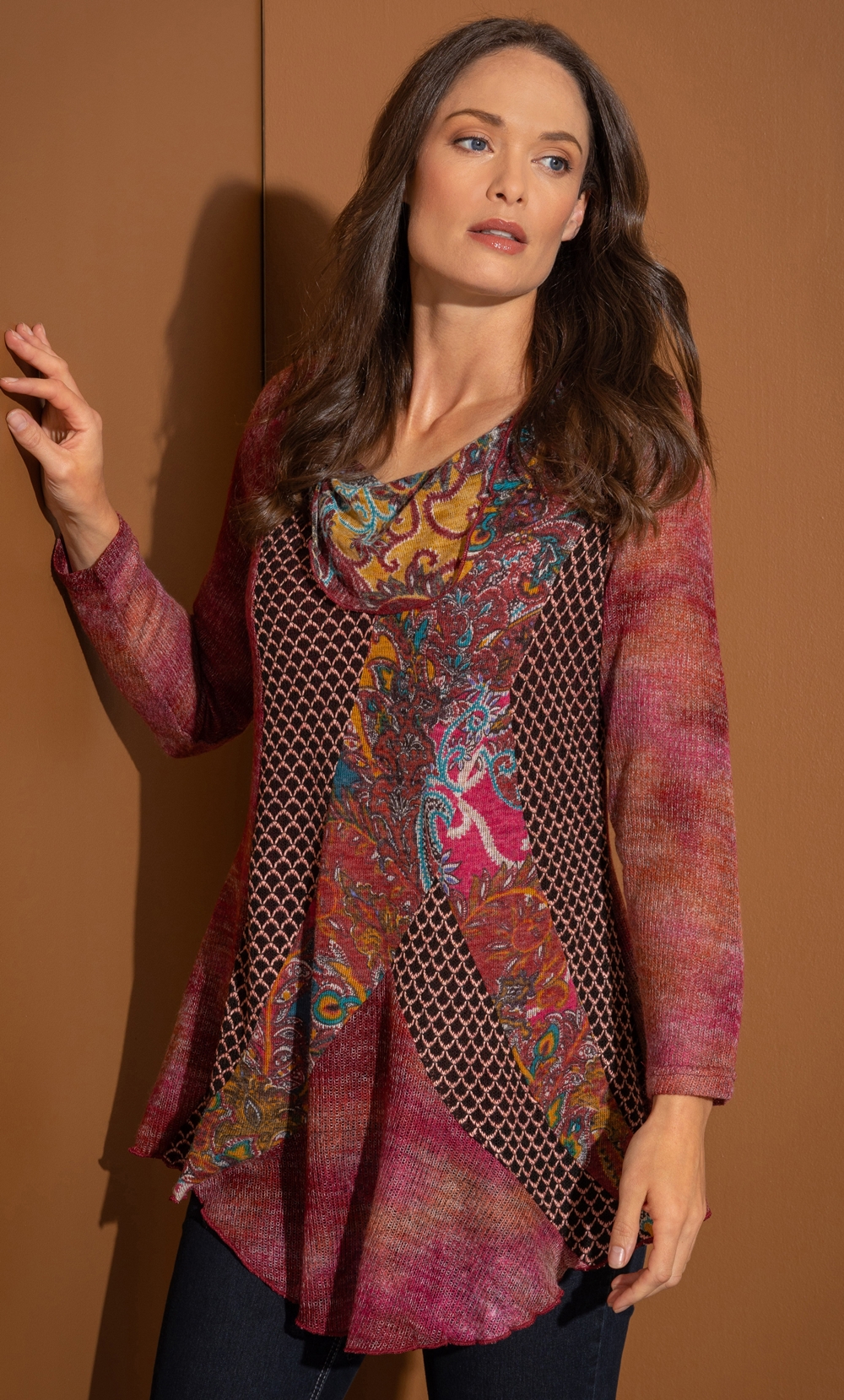 Panelled Print Long Sleeve Tunic Top in Red