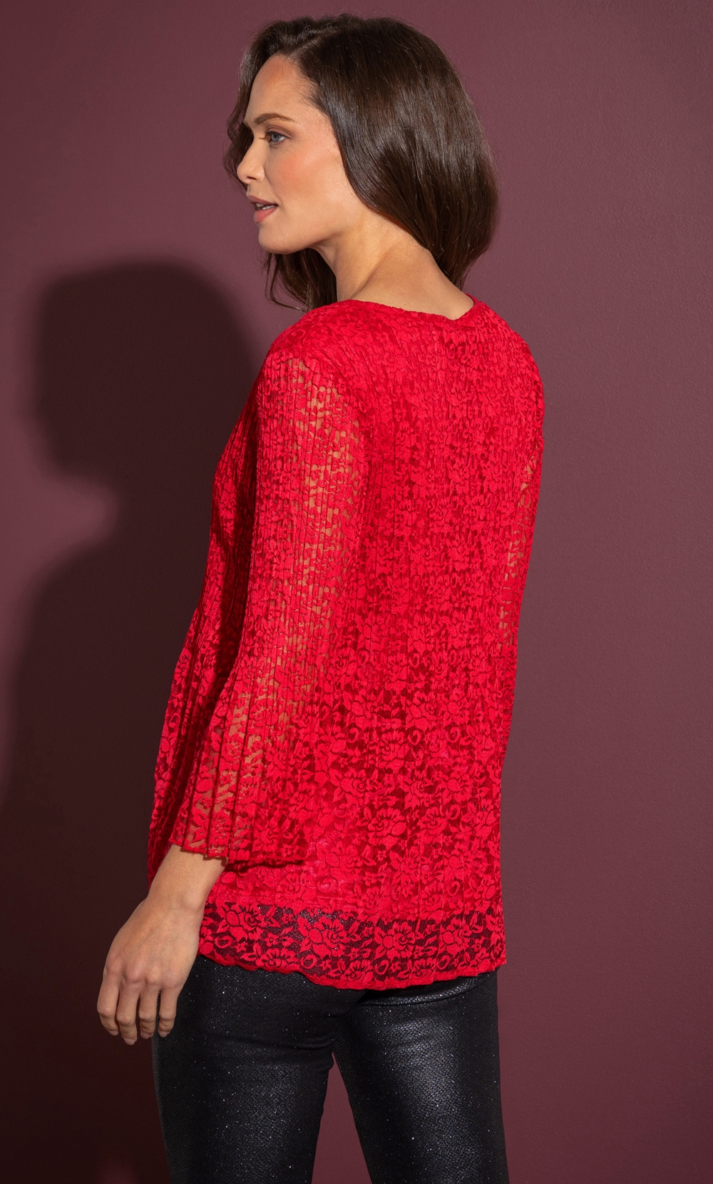 Pleated Lace Evening Top in Red | Klass