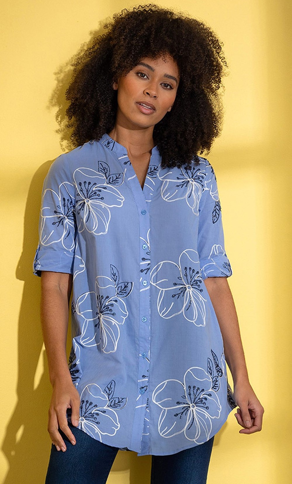 Brands - Klass Floral Shimmer Embroidered Cotton Shirt Blue/White Women’s