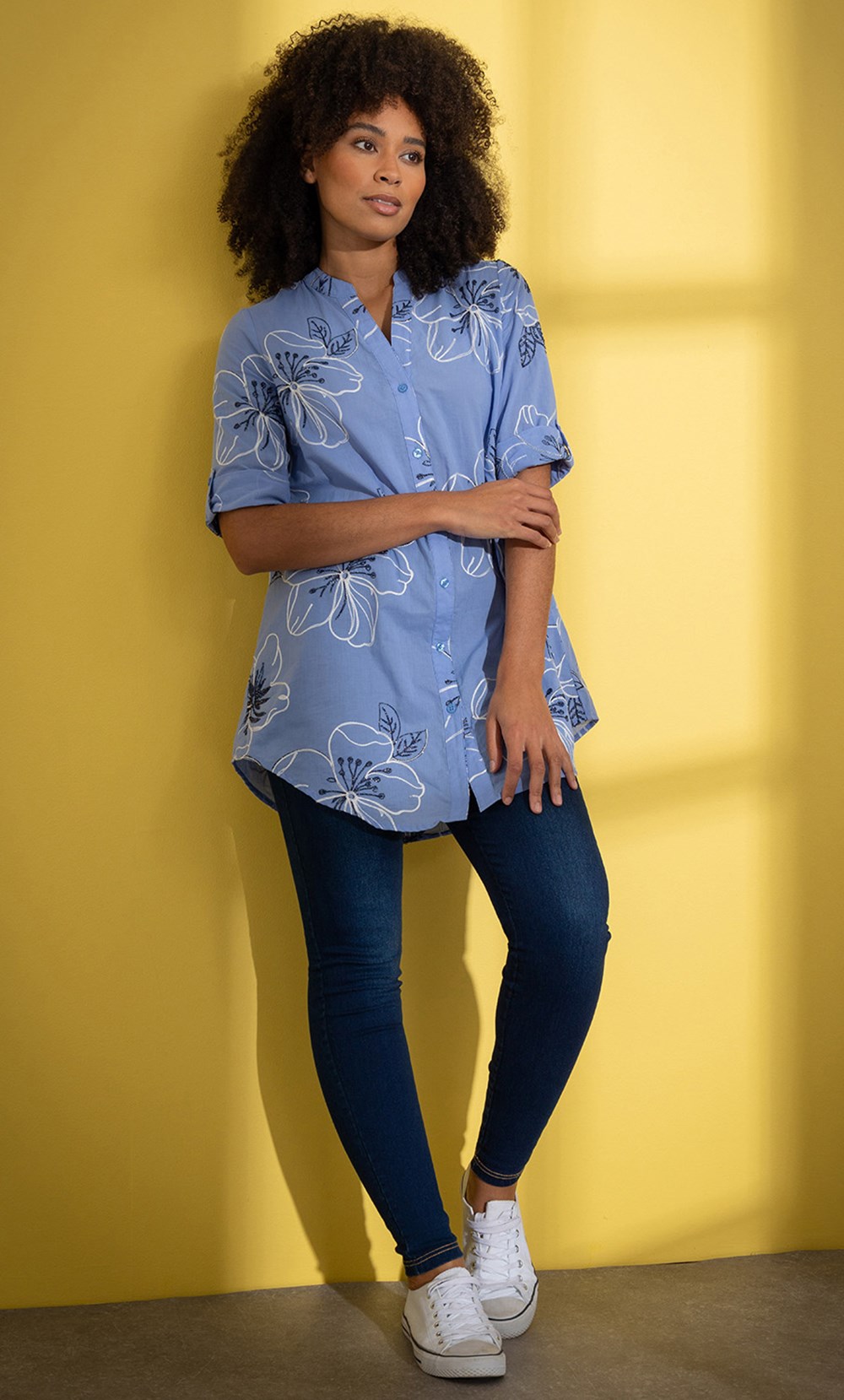 Floral Shimmer Embroidered Cotton Shirt In Blue Klass floral-shimmer-embroidered-cotton-shirt-in-blue-klass