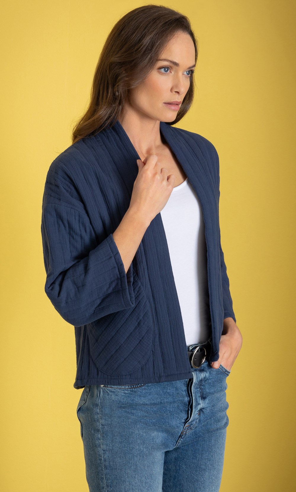 Brands - Klass Quilted Cotton Open Front Jacket Blue Women’s