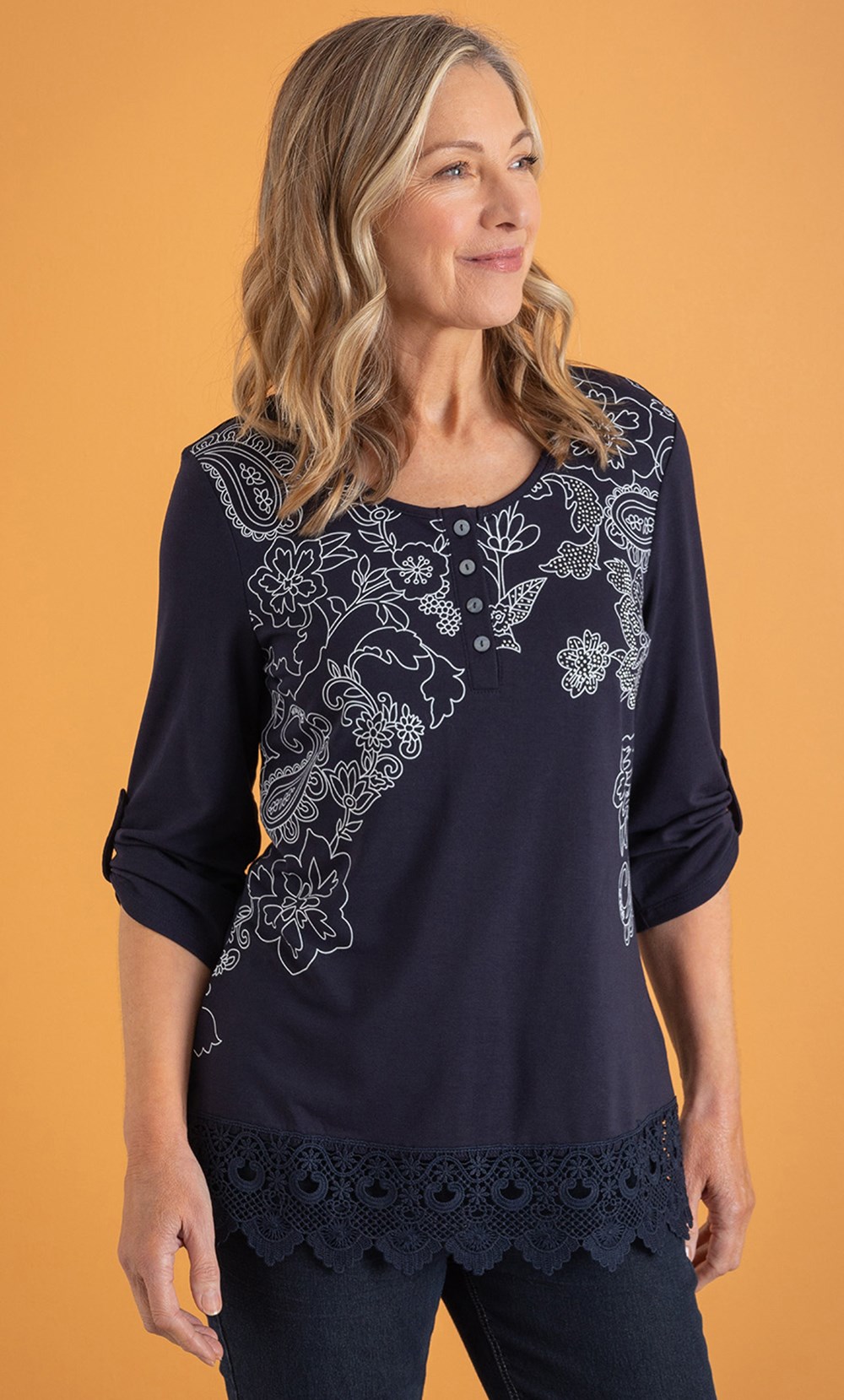 Brands - Anna Rose Anna Rose Printed Lace Trim Top Navy/White Women’s