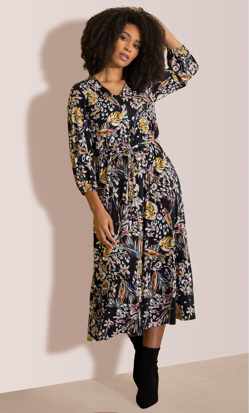 Printed Blouson Sleeve Midi Dress In Black Klass printed-blouson-sleeve-midi-dress-in-black-klass