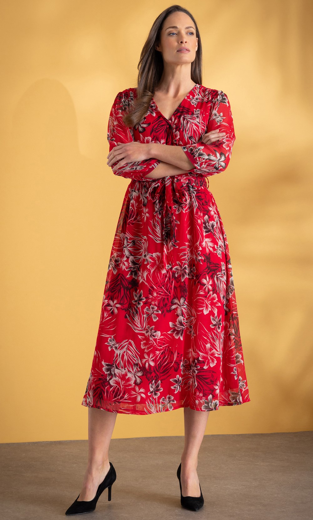 Floral Printed Midi Dress in Red | Klass