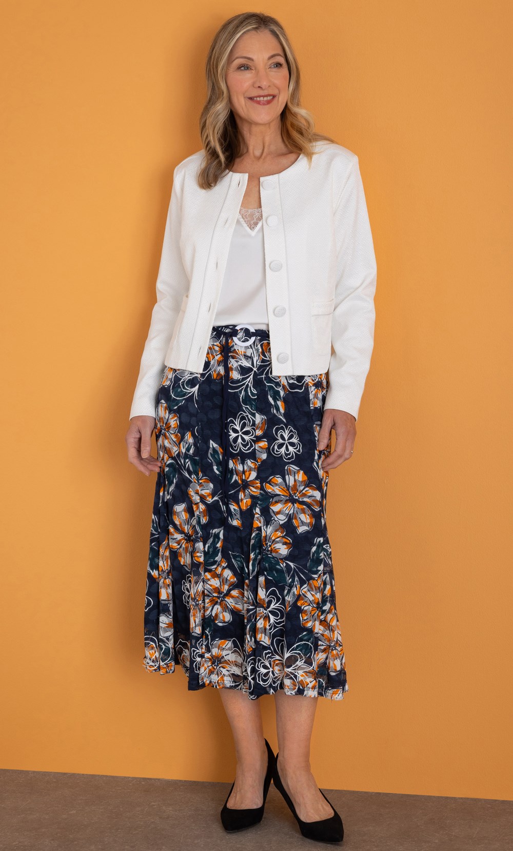 Anna Rose Panelled Floral Print Mesh Midi Skirt Orange/Teal Women’s