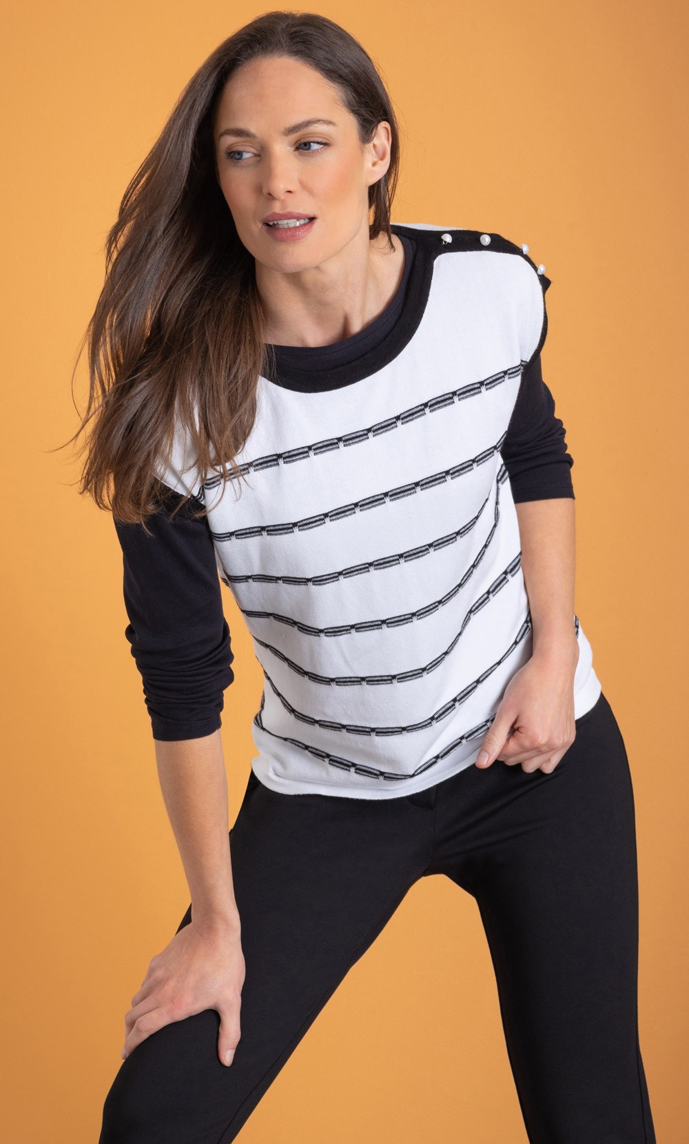 Stripe Knitted Short Sleeve Top in Black | Klass