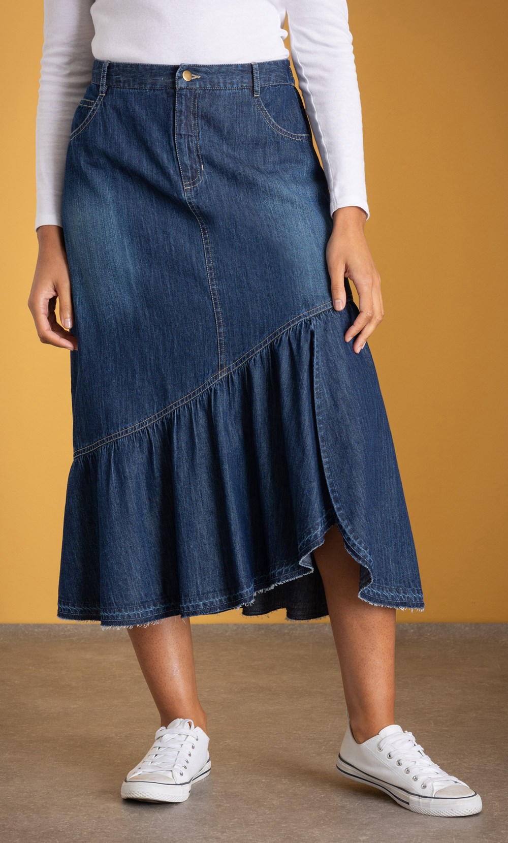 Raw Edge Cotton Denim Skirt