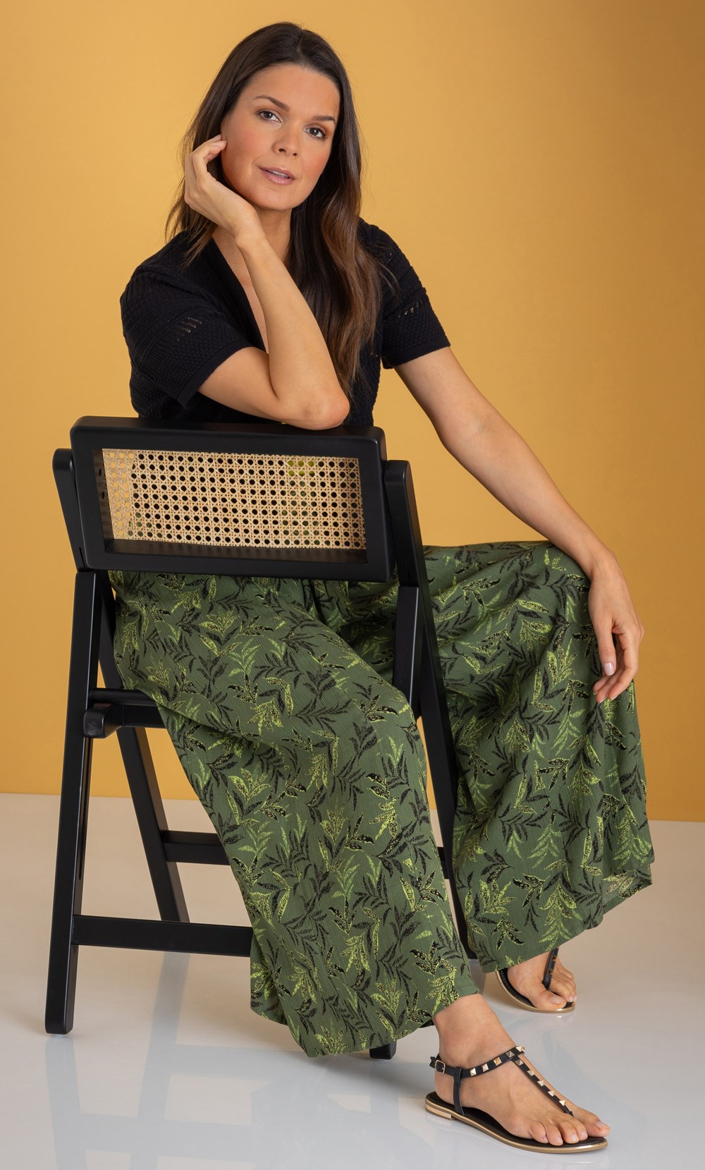Klass Leaf Print Palazzo Trousers Khaki/Green Women’s