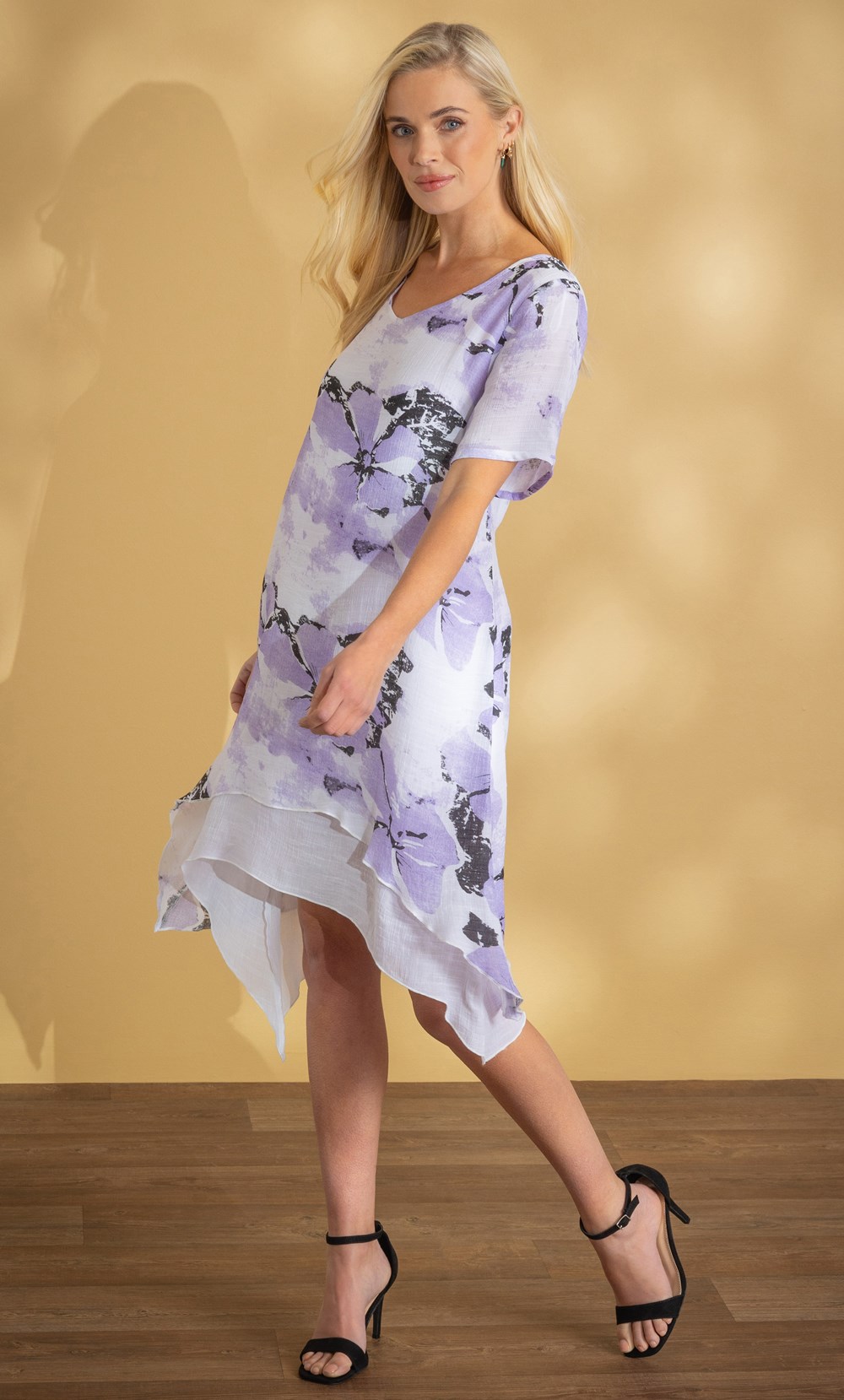 Brands - Klass Bold Floral Print Layered Dip Hem Dress Ivory/Iris Women’s
