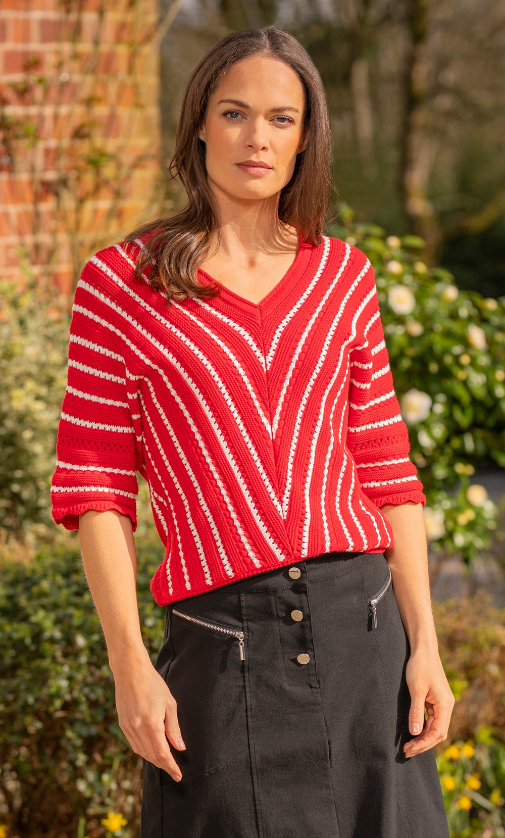 Brands - Klass Stripe V Neck Knitted Top Red/White Women’s