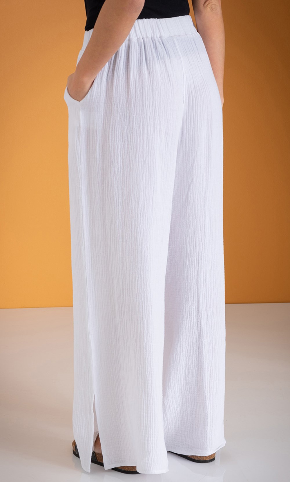 Wide Leg Pull On Cotton Trousers