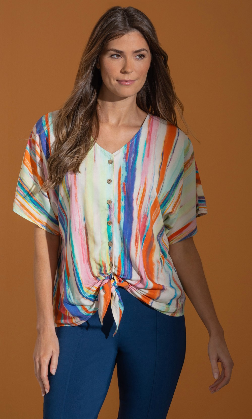 Painted Stripe Tie Front Top