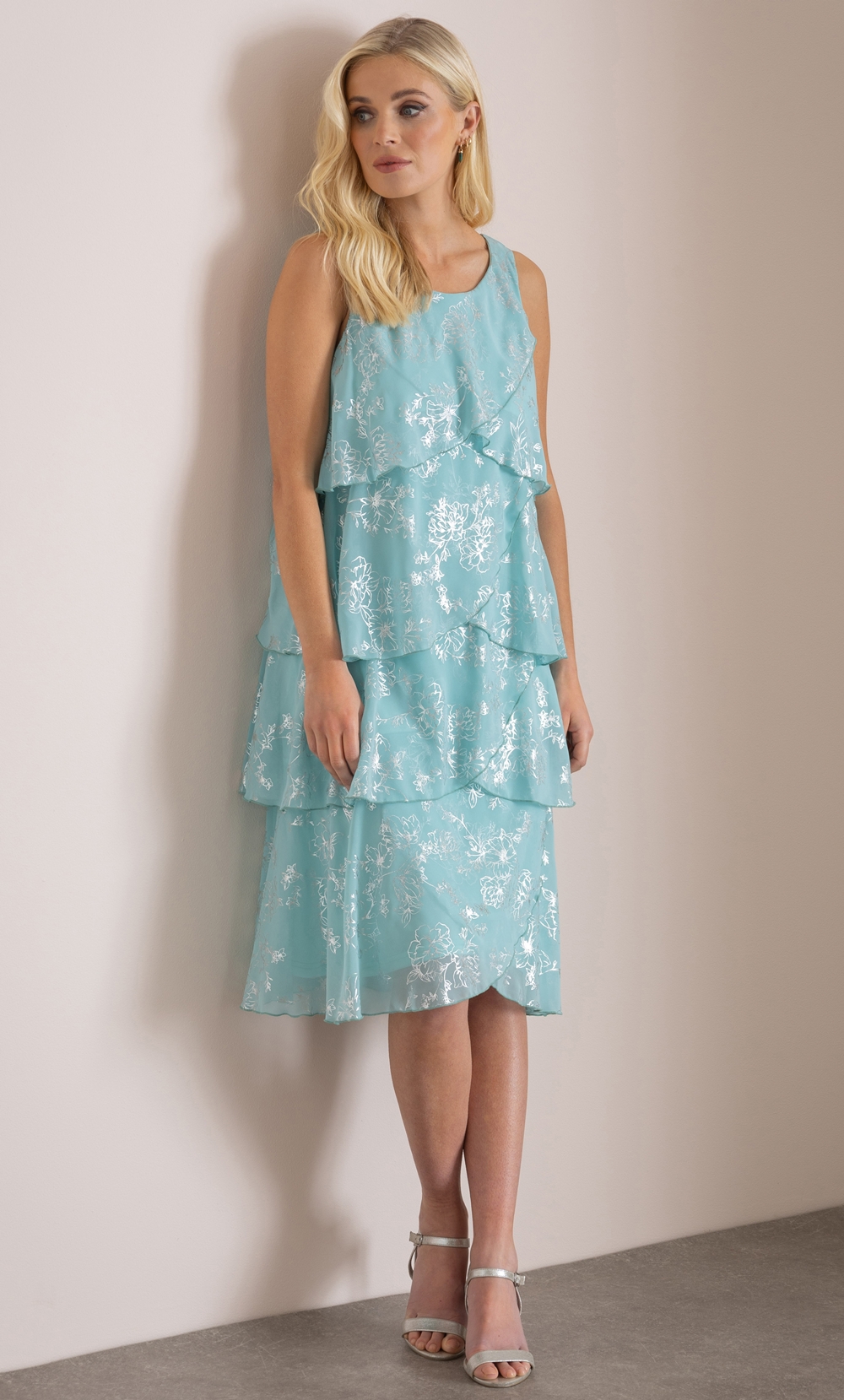 Klass Shimmer Print Layered Dress Aqua/Silver Women’s