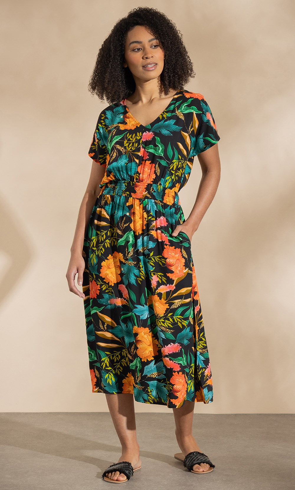 Exotic Floral Print Midi Dress