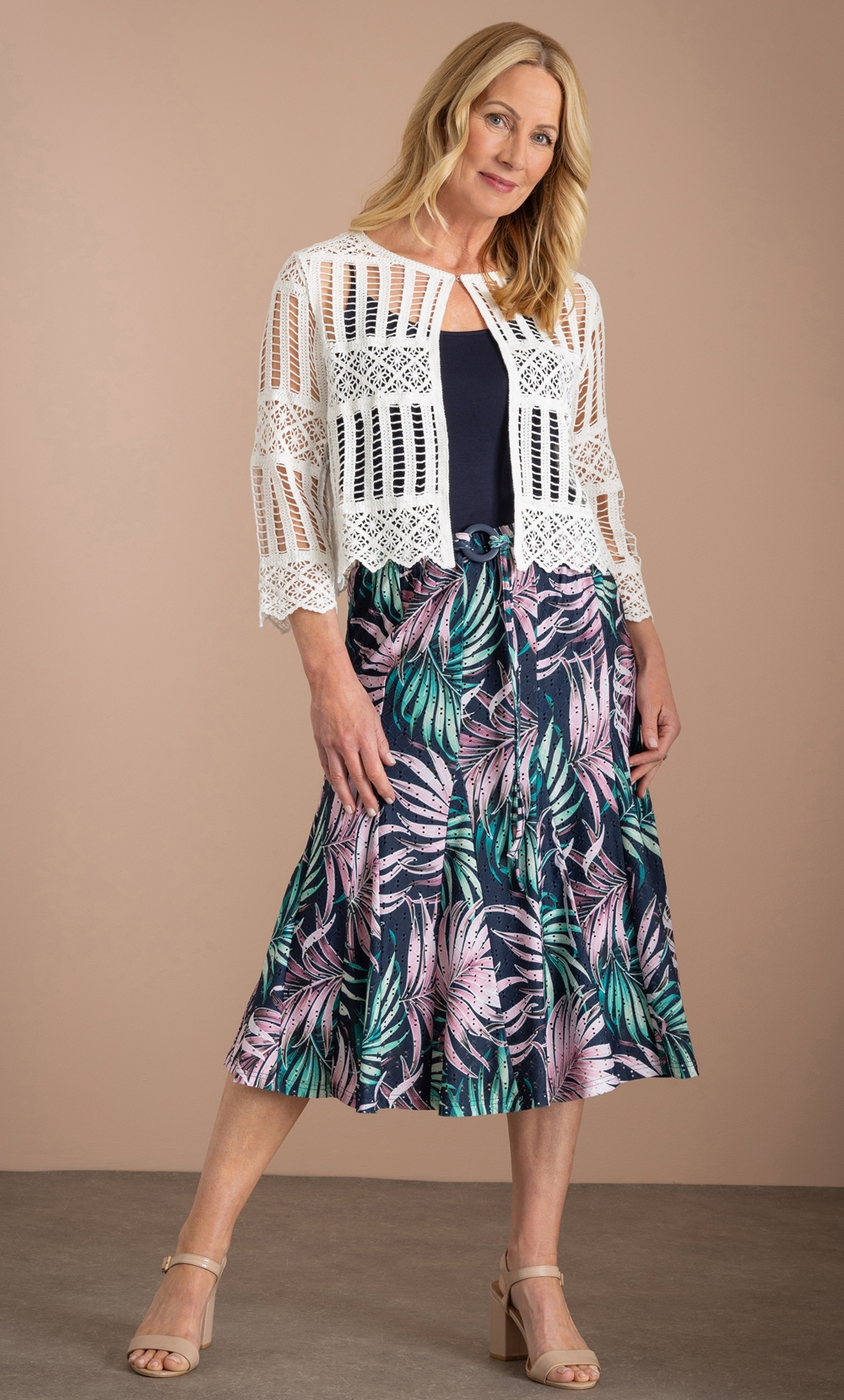 Klass Anna Rose Leaf Print Jersey Eyelet Skirt Navy/Multi Women’s