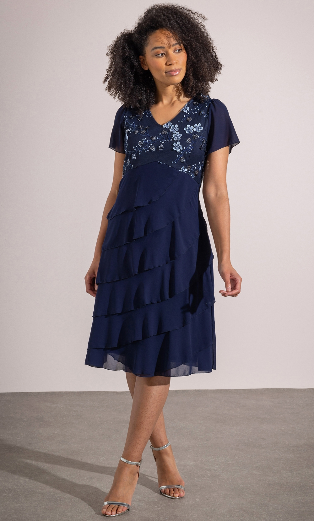 Embellished Tiered Chiffon Dress in Blue Klass