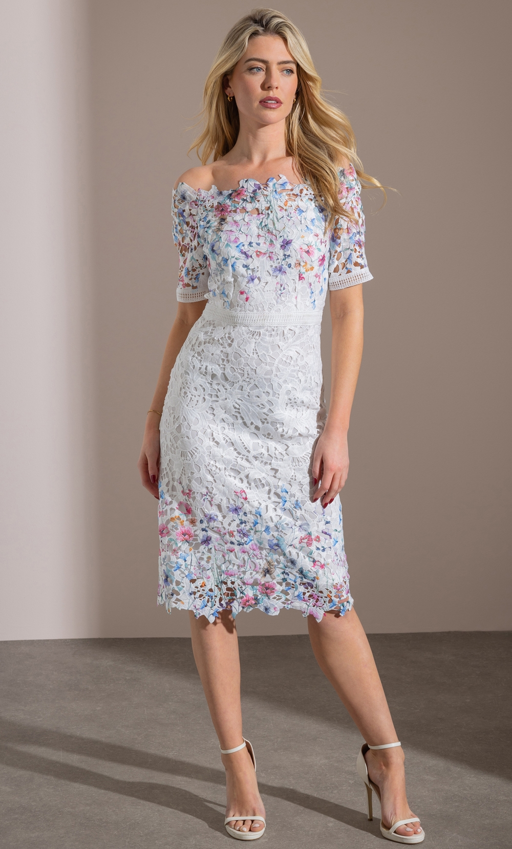 Floral Printed Lace Bardot Dress